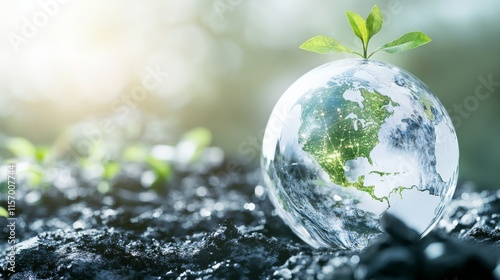 A globe with sprouting plant symbolizes growth. photo