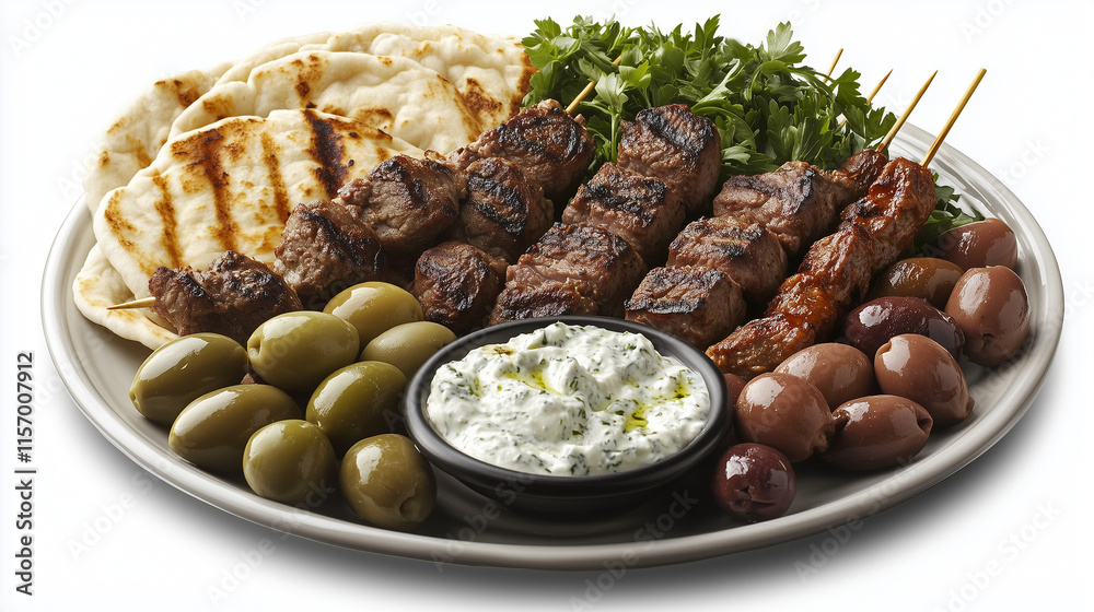 A traditional Greek platter with fresh delicacies A traditional Greek platter with fresh delicacies