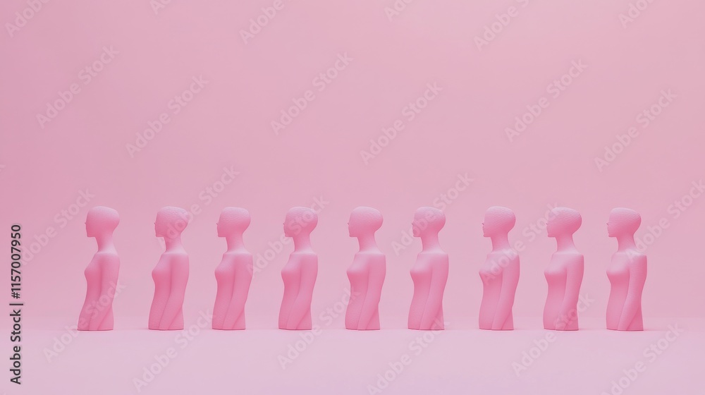 A lineup of pink mannequins against pastel backdrop. A lineup of pink mannequins against pastel backdrop.