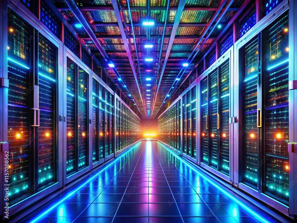 Panoramic View of a Modern Data Center with Automated Processing Systems