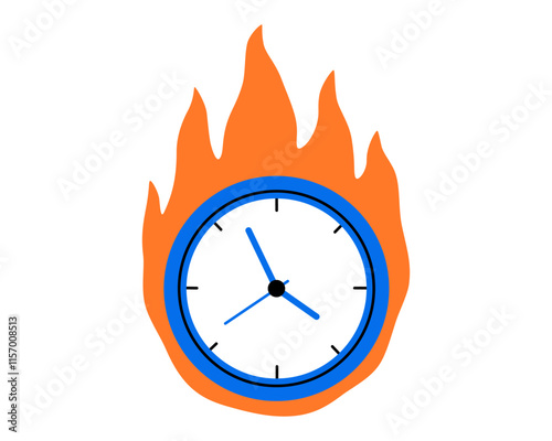 Hand drawn cute illustration of wall clock on fire. Flat vector time measurement device with dial doodle. Time passing quickly sticker, icon. Deadline, limited in time, countdown. Isolated.