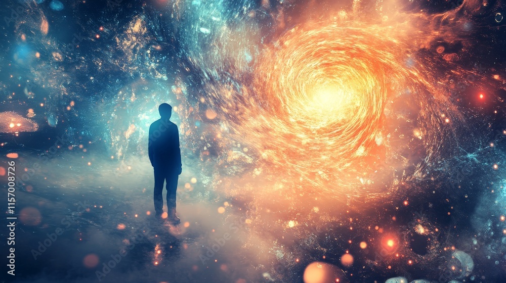 A Solitary Figure Contemplates the Cosmic Vortex: A Journey into the Unknown Depths of Space and Time A Solitary Figure Contemplates the Cosmic Vortex: A Journey into the Unknown Depths of Space and Time