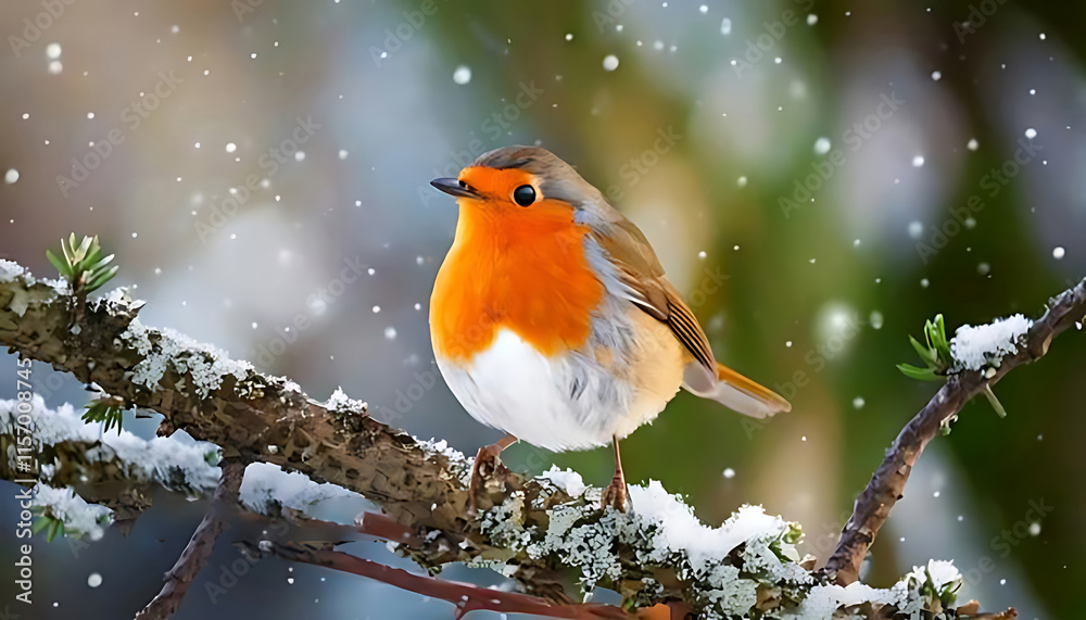 Cute small robin birds on a branch at spring, winter Cute small robin birds on a branch at spring, winter