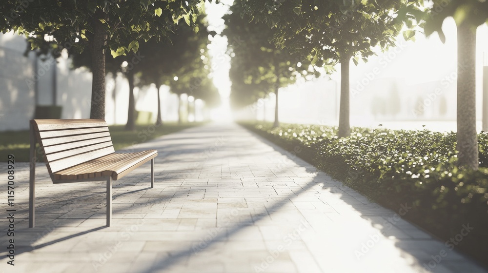 A tranquil park bench under soft sunlight. A tranquil park bench under soft sunlight.