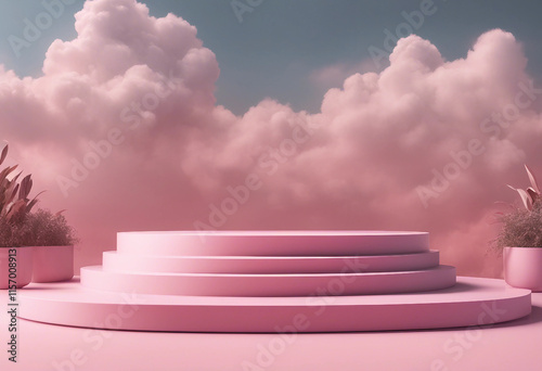 Background podium pink 3d product sky platform display cloud pastel scene render stand Pink podium s photo