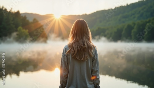 Woman gazing at sunrise over misty lake and mountains
