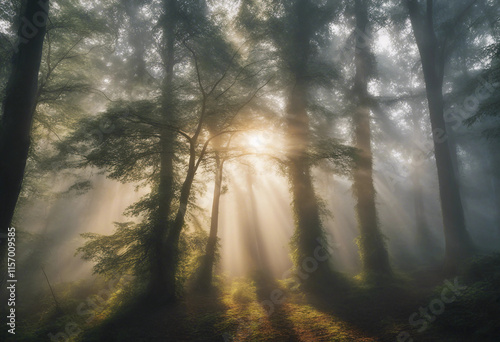 Beautiful magical sunrise in the forest The suns rays break through the trees in the fog The mystica photo