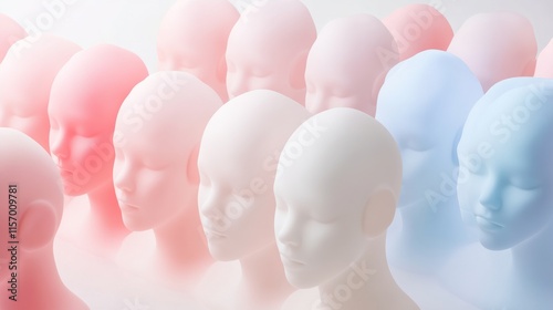 Abstract display of colorful mannequin heads. photo