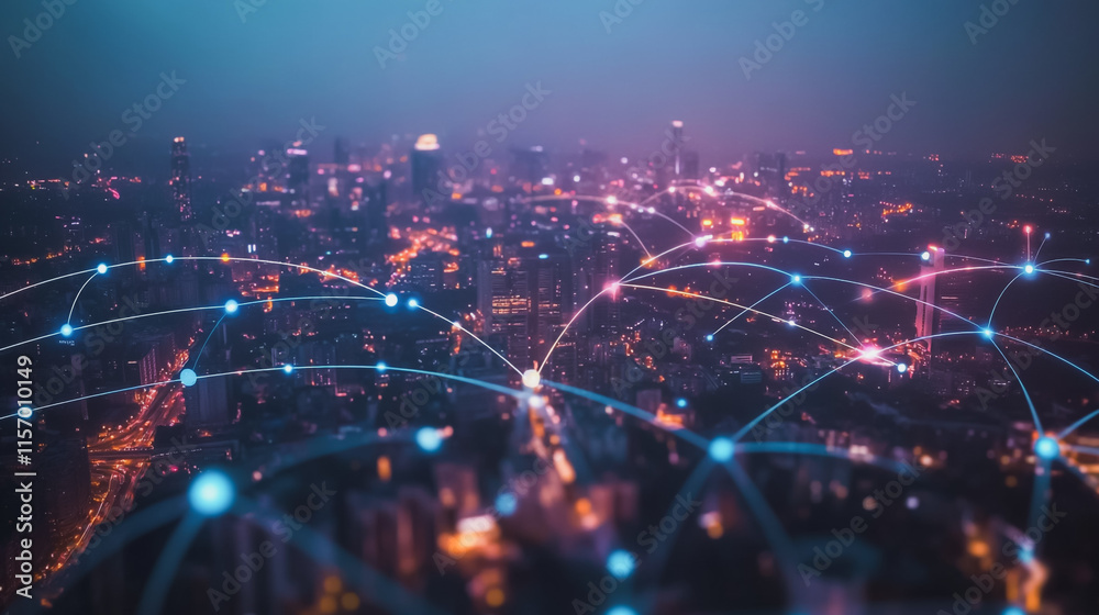 Fototapeta premium Smart digital Innovation city with connection network reciprocity over the cityscape. of future smart wireless digital city and social media networking systems that connects people with in city