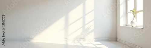 Sunny White Room Features A Blank Wall And Sunny Window With Bright Warm Tones In A Mock Up Image. 00003