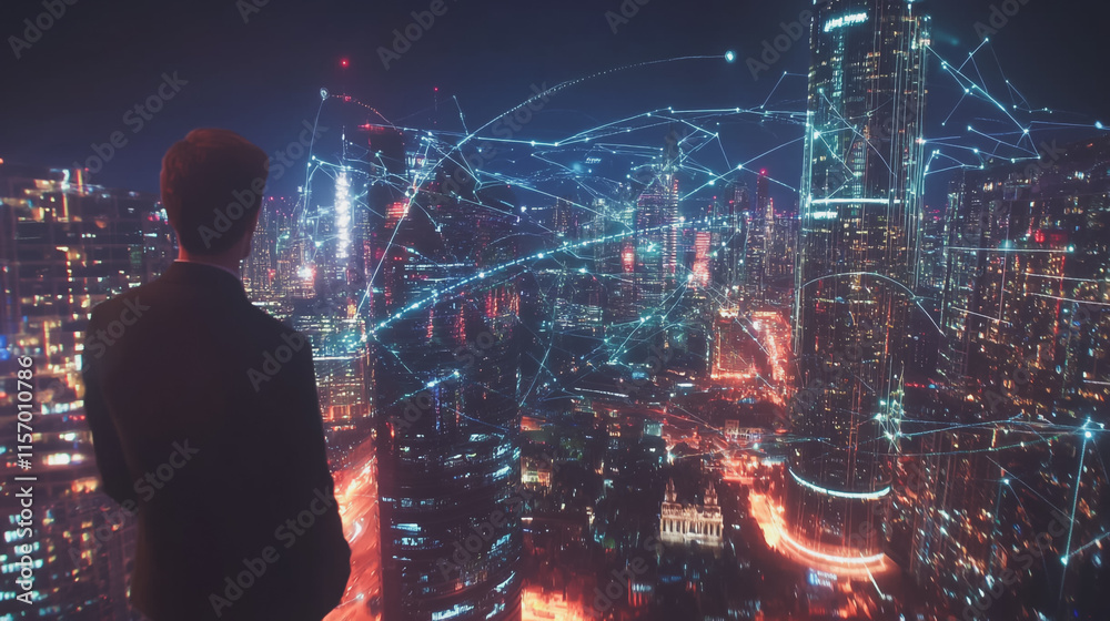 Abstract business man stands on the peak of success amid tall, innovative Smart city and graphs with statistics to analyze business potential and predict future developments in company growth. Abstract business man stands on the peak of success amid tall, innovative Smart city and graphs with statistics to analyze business potential and predict future developments in company growth.