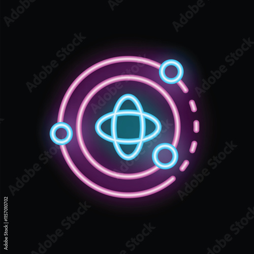 Bright neon icon of a solar system with planets orbiting around the sun, isolated on a black background