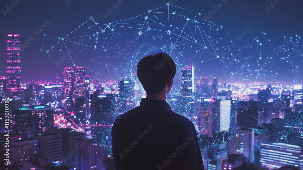 Fototapeta premium Abstract business man stands on the peak of success amid tall, innovative Smart city and graphs with statistics to analyze business potential and predict future developments in company growth.