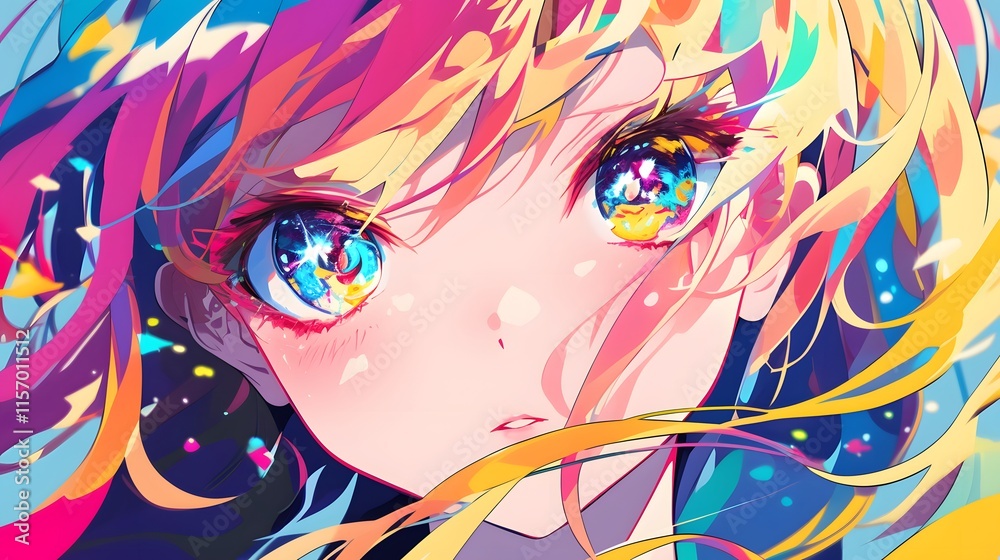 Anime girl with long hair, close-up view, vibrant colors, and striking eyes Anime girl with long hair, close-up view, vibrant colors, and striking eyes
