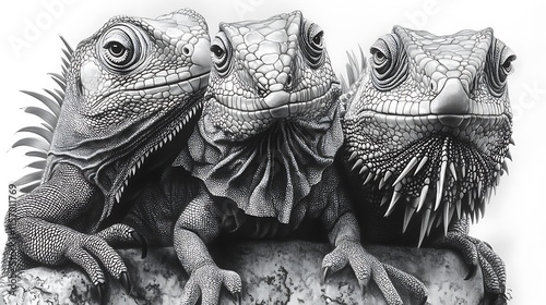 Fototapeta Naklejka Na Ścianę i Meble -  A detailed pencil drawing of exotic animals such as a parrot, chameleon, and iguana, highlighted with soft shading techniques. 