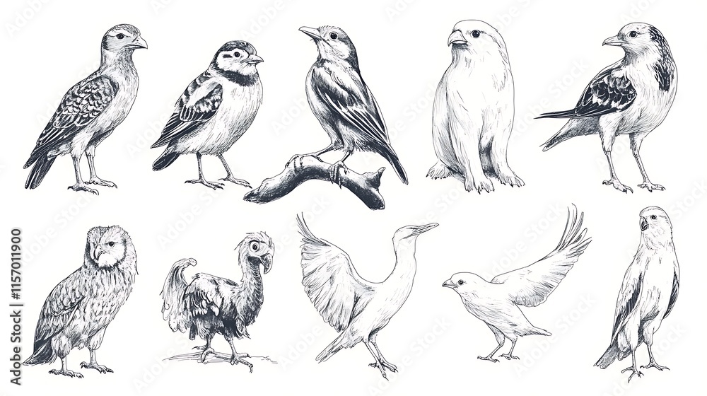 A detailed set of hand-drawn animal illustrations, ranging from birds to mammals, for design projects. A detailed set of hand-drawn animal illustrations, ranging from birds to mammals, for design projects.
