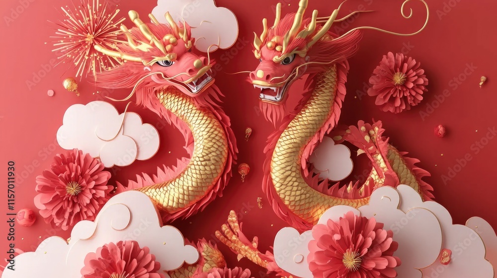 Vibrant red and gold dragons amidst floral clouds. Happy Chinese New Year Vibrant red and gold dragons amidst floral clouds. Happy Chinese New Year