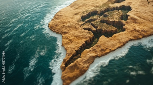 Aerial view of a rugged island coastline. photo