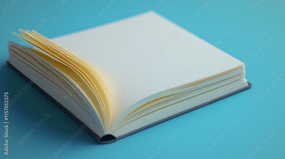 Fototapeta premium An open blank book on a blue background.