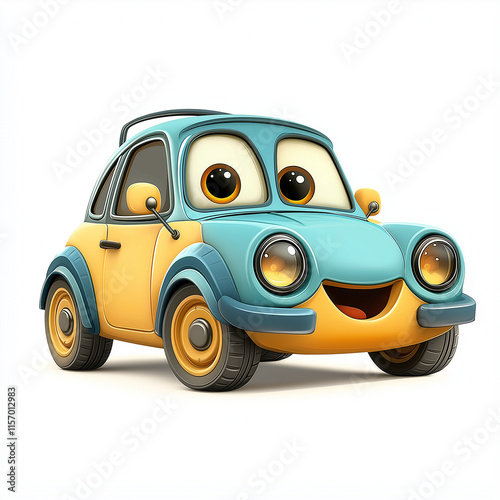 Cute Cartoon Car, Happy, Retro, Smiling, Wheels, Blue, Yellow, Adorable, Friendly, Vehicle. Generative Ai.