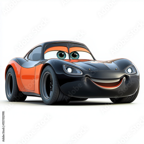 Smiling Cartoon Race Car, Black and Orange, 3D Render, Happy, Friendly, Wheels, Tires, Design. Generative Ai.