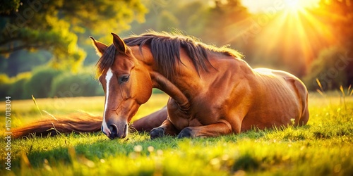 Peaceful Sleepy Horse Resting in Pasture, Copy Space for Text