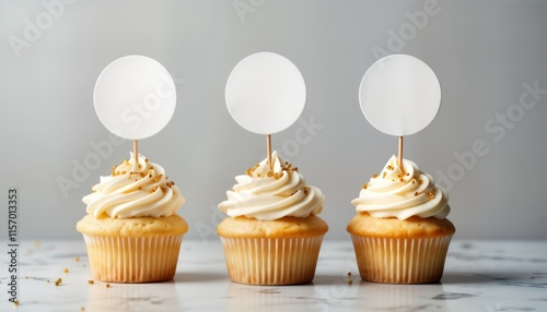 Vanilla cupcakes with blank toppers presented on marble surface. Cupcake smooth creamy frosting, gold sprinkles. Blank circle toppers on wooden sticks. Ready for customization. Elegant, simple