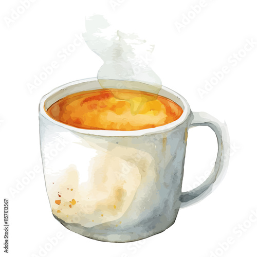 A watercolor drawing of a steaming mug of pumpkin soup, isolated on a white background. Pumpkin soup vector.
