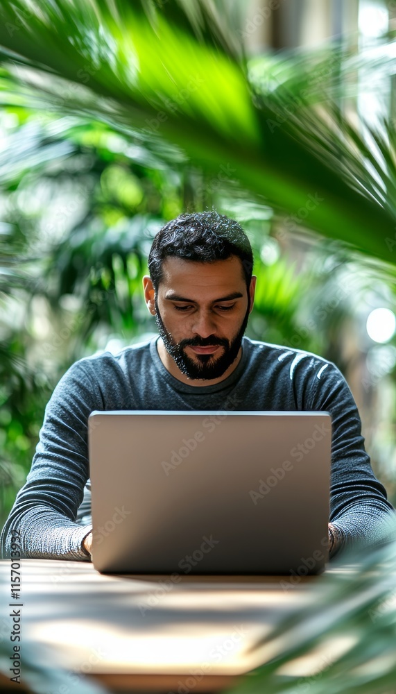 Focused professional working remotely on laptop in a bright, airy space surrounded by lush greenery. Focused professional working remotely on laptop in a bright, airy space surrounded by lush greenery.