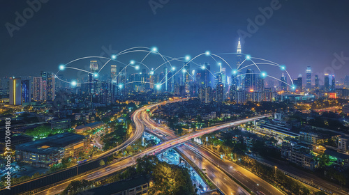 Smart digital Innovation city with connection network reciprocity over the cityscape. of future smart wireless digital city and social media networking systems that connects people with in city
