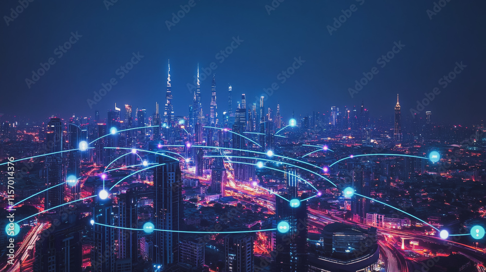 Obraz premium Smart digital Innovation city with connection network reciprocity over the cityscape. of future smart wireless digital city and social media networking systems that connects people with in city