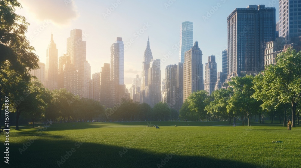 Obraz premium City skyline view at sunrise with green park.