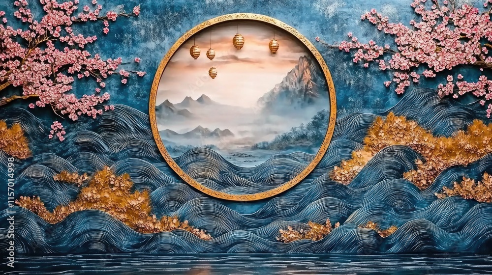 Obraz premium Cherry blossom landscape with golden lanterns and flowing blue waves. Happy Chinese New Year