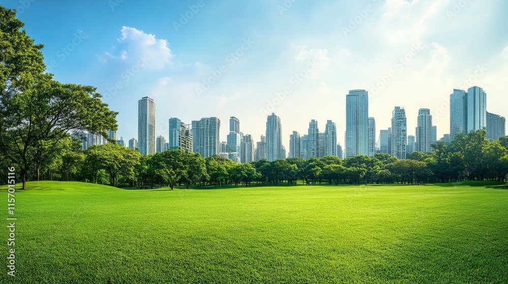 City skyline with green park and blue sky. City skyline with green park and blue sky.