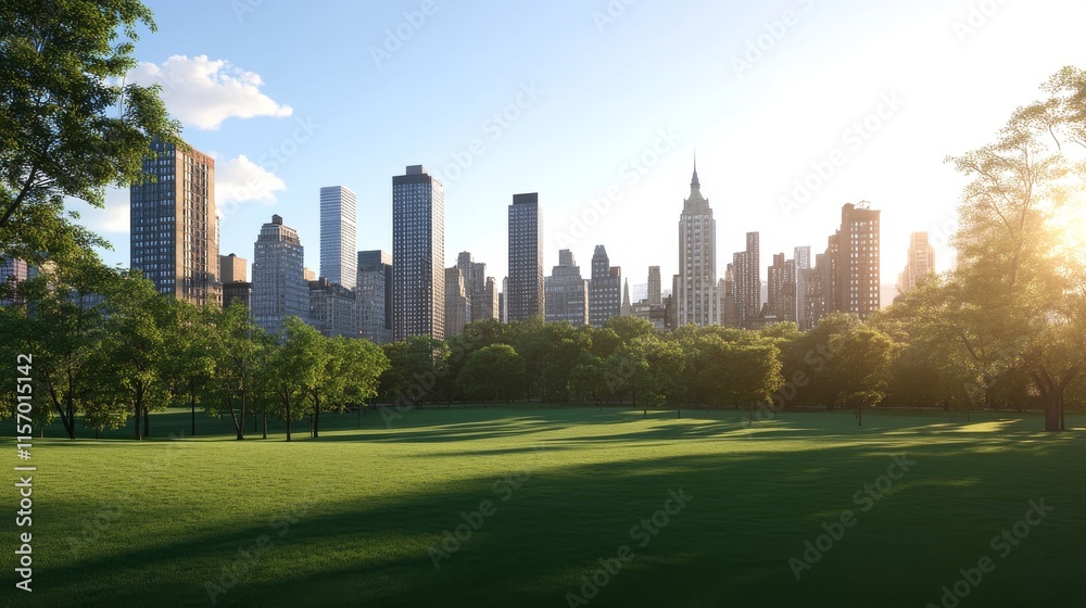 Obraz premium City skyline with lush green park at sunset.