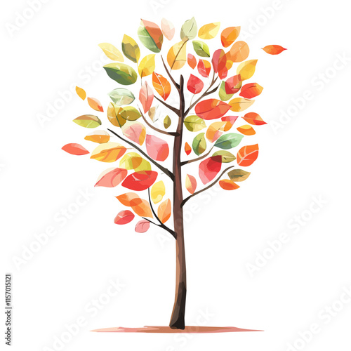 A watercolor of a tall tree with colorful autumn leaves, isolated on a white background. Autumn tree vector.
