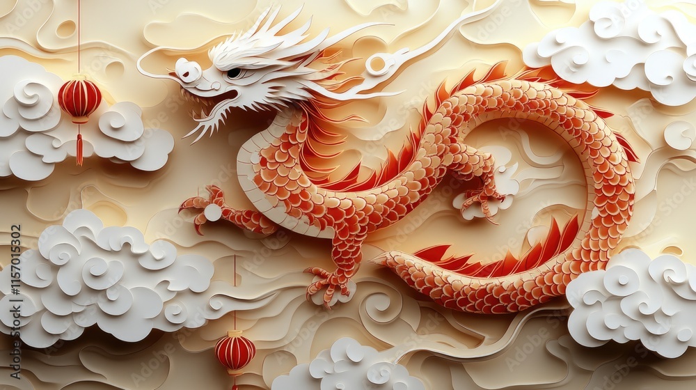 Intricate paper art of fiery red dragon amongst swirling clouds. Happy Chinese New Year Intricate paper art of fiery red dragon amongst swirling clouds. Happy Chinese New Year