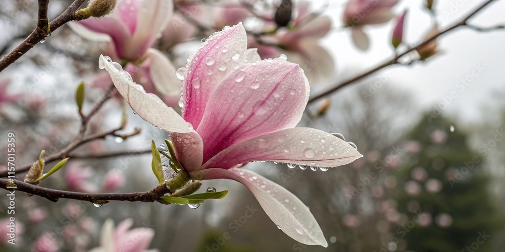 Pink Magnolia Blossom with Rain Drops, Blurred White Magnolias Background - Low Light Photography Pink Magnolia Blossom with Rain Drops, Blurred White Magnolias Background - Low Light Photography
