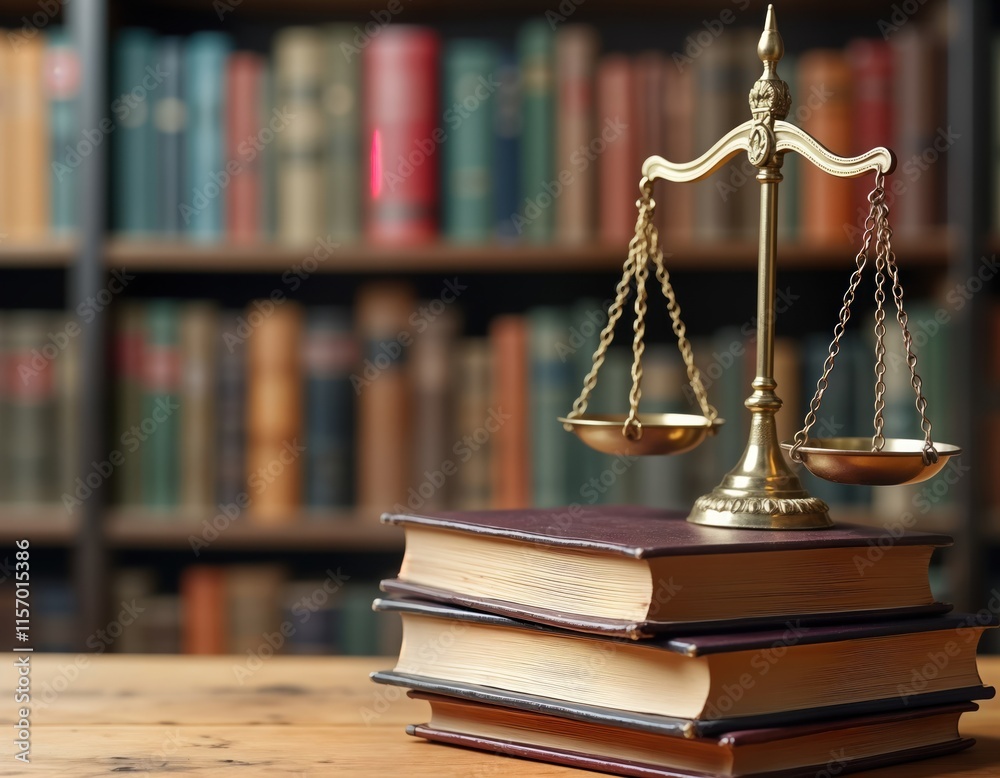 Closeup of golden scales of justice on stack of books in library setting. Legal manual training material on fair process, ethical conduct. Focus on balanced principles, education programs. Photo Closeup of golden scales of justice on stack of books in library setting. Legal manual training material on fair process, ethical conduct. Focus on balanced principles, education programs. Photo