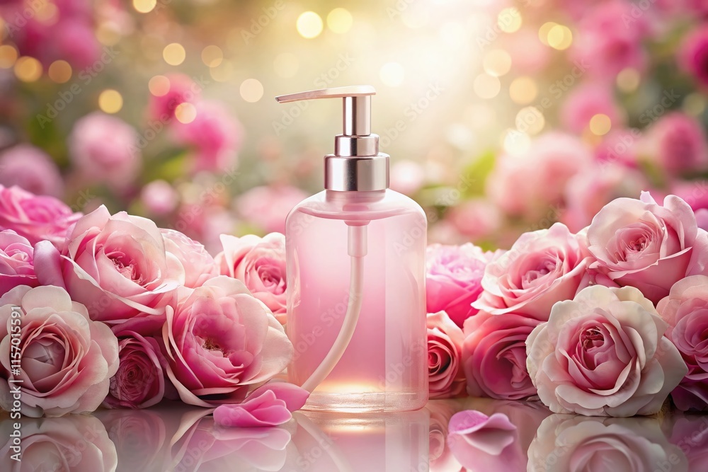 Pink Rose & Liquid Soap Dispenser: Minimalist Double Exposure Stock Photo for Beauty & Hygiene Ads Pink Rose & Liquid Soap Dispenser: Minimalist Double Exposure Stock Photo for Beauty & Hygiene Ads