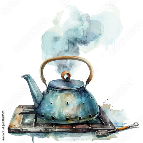 A watercolor painting of a tea kettle whistling on a stove with steam rising, isolated on a white background. Tea kettle vector.
