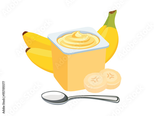 Banana yogurt in a plastic cup and spoon vector illustration. Banana yogurt plastic cup icon vector isolated on a white background. Fruit yoghurt and fresh bananas drawing