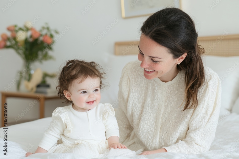 Smiling mother holding baby in hospital room, medical monitor background, family care concept Smiling mother holding baby in hospital room, medical monitor background, family care concept