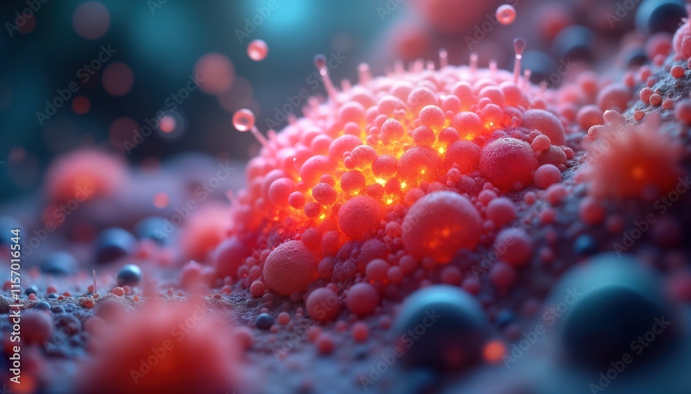 Close-up view of vibrant microbial ecosystem. Microbial population appears as glowing clusters of small spheres. Ecosystem displays symbiotic relationships, interactions. Suggests balance, health. Close-up view of vibrant microbial ecosystem. Microbial population appears as glowing clusters of small spheres. Ecosystem displays symbiotic relationships, interactions. Suggests balance, health.
