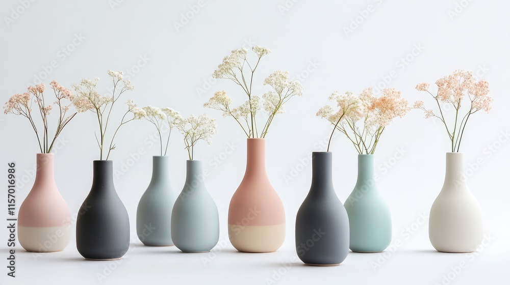 Ceramic flower vases in soft pastel tones with delicate floral arrangements on a clean white background Ceramic flower vases in soft pastel tones with delicate floral arrangements on a clean white background