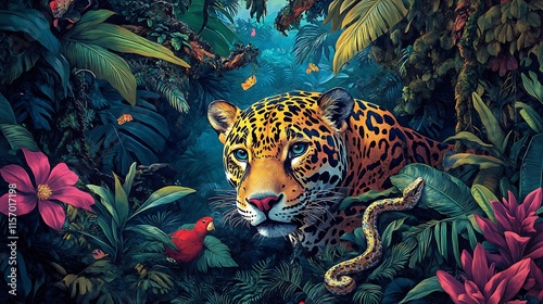 A vivid depiction of jungle animals like a jaguar, parrot, and snake in a dense and colorful rainforest.  photo