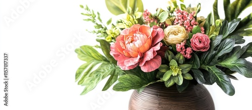 Wallpaper Mural Vibrant faux floral arrangement with lush green foliage in a rustic vase ideal for enhancing home decor aesthetics Torontodigital.ca