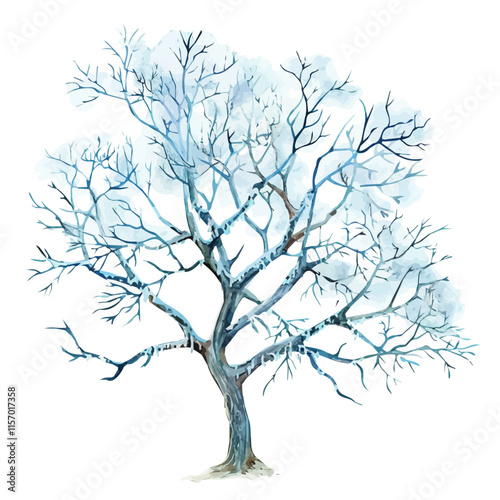 A watercolor vector of a tree with branches covered in frost, isolated on a white background. Frosty tree vector.
