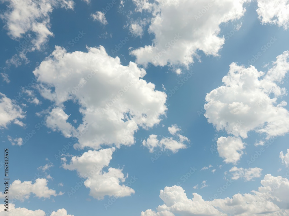 Vast, clear blue sky dotted with fluffy white cumulus clouds, altitude, view Vast, clear blue sky dotted with fluffy white cumulus clouds, altitude, view