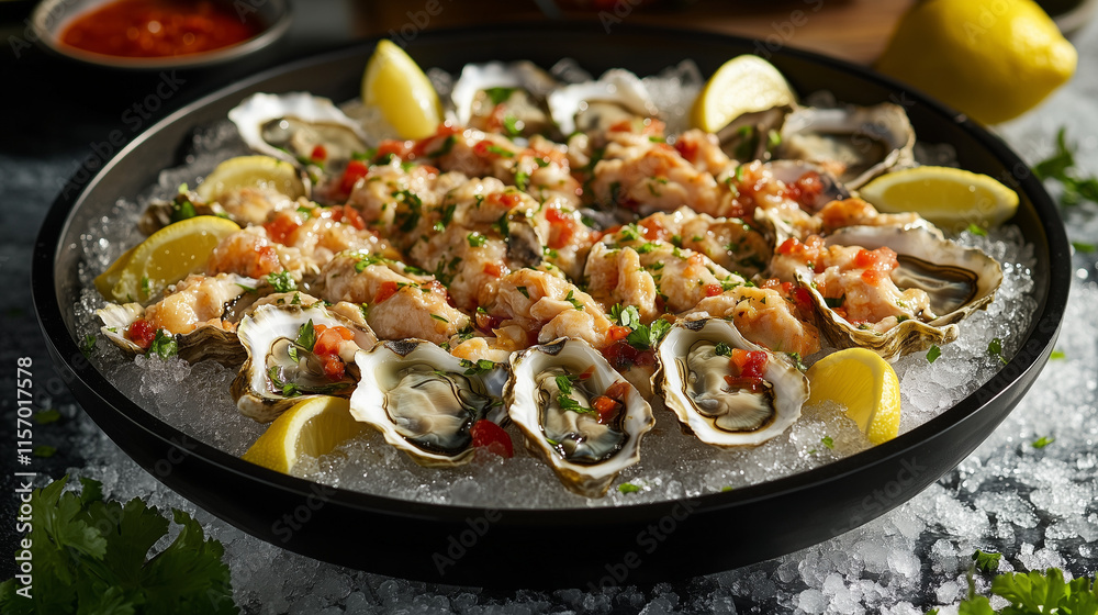 A close-up of a platter of fresh oysters on ice A close-up of a platter of fresh oysters on ice